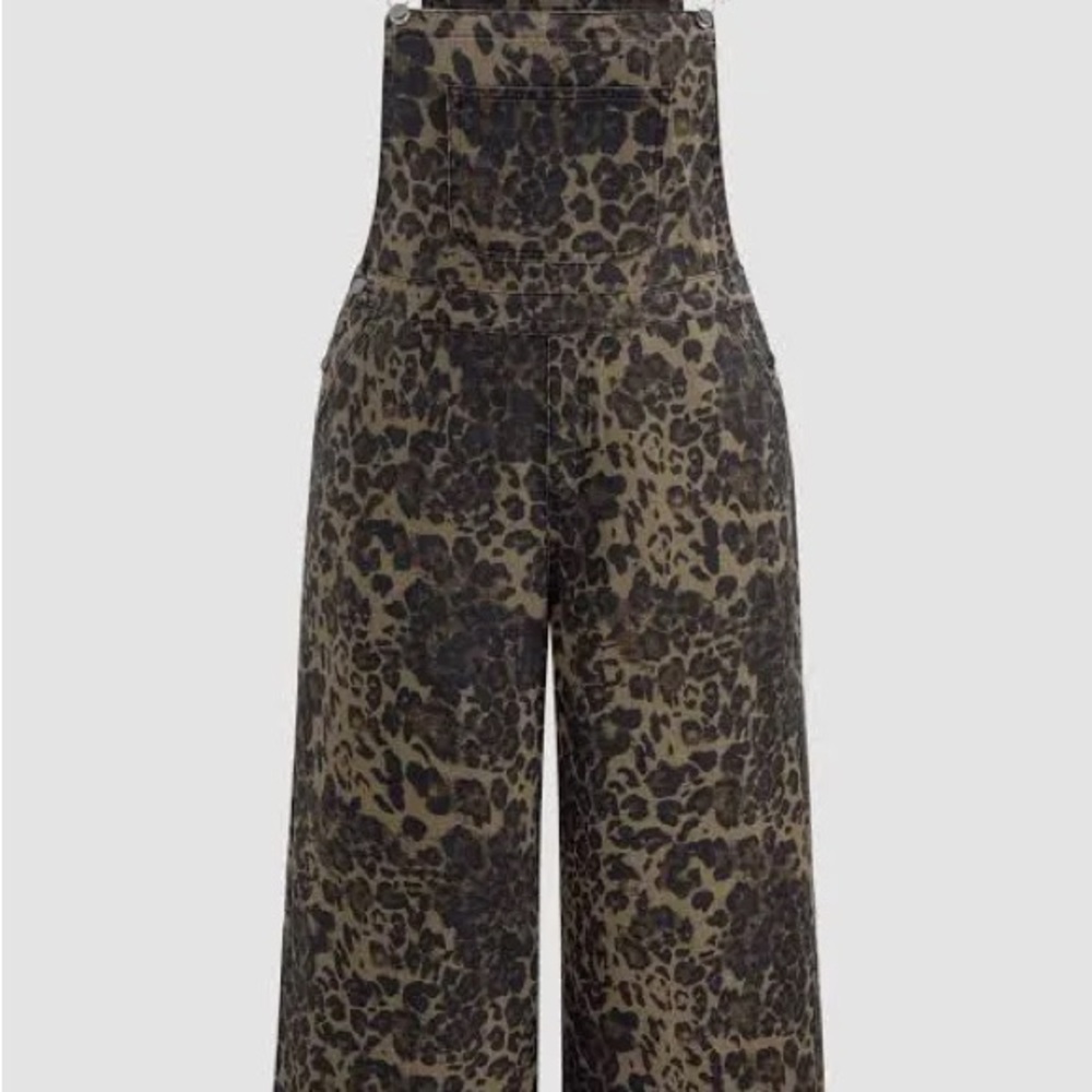 Cider DENIM LEOPARD BUTTON POCKET WIDE LEG JUMPSUIT XL